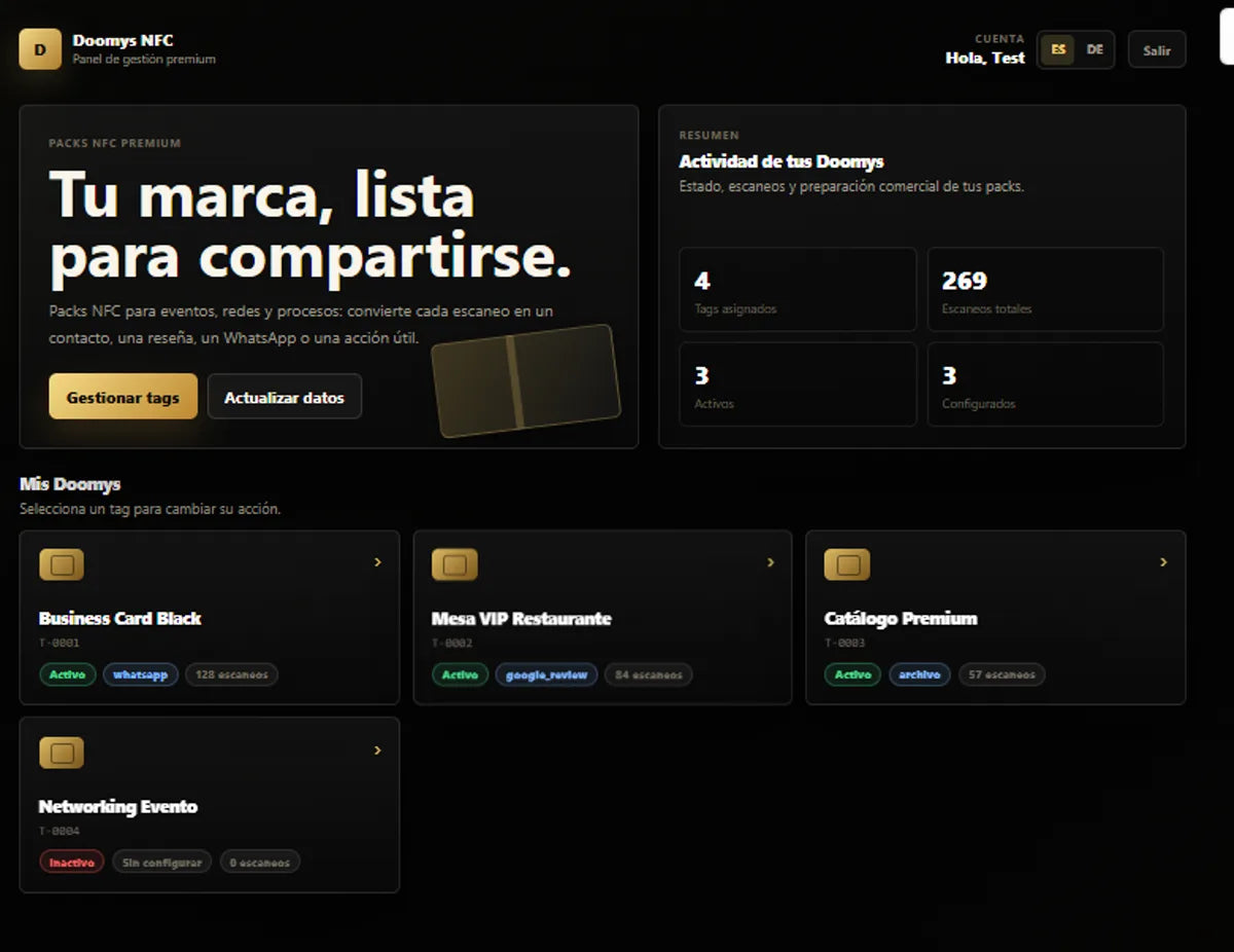 Panel de cliente Doomys con listado de tags NFC
